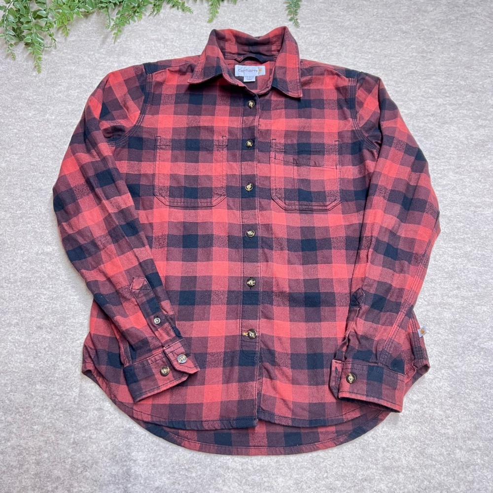 Carhartt Flannel Women XS Button Up Shirt Rust Plaid Workwear Gorpcore Cabincore